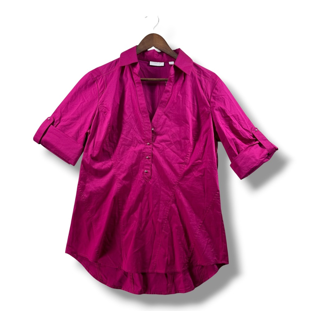 New York & Company Stretch Magenta Pink Button Down V-Neck Blouse Top Large‎ NWT